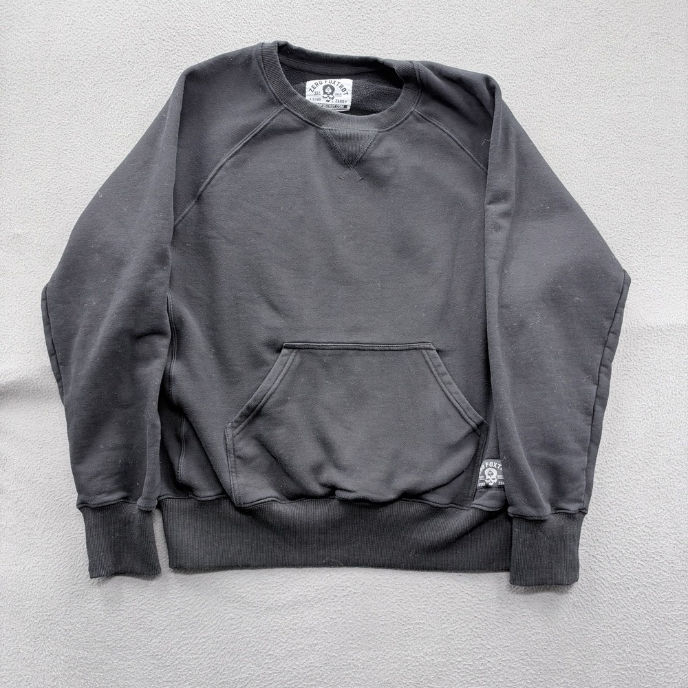Zero Foxtrot Sweatshirt Mens Medium Black Fleece Raglan Crewneck Kangaroo Pocket
